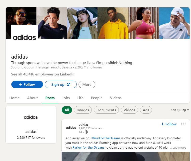 Adidas LinkedIn page