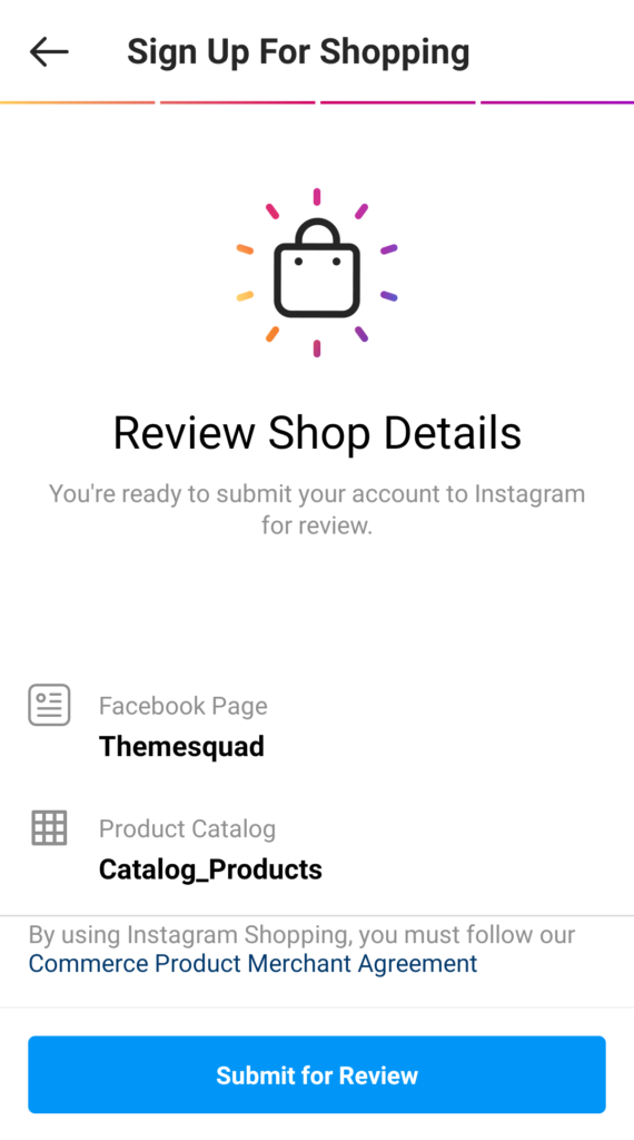 submit for review page for Instagram shop 