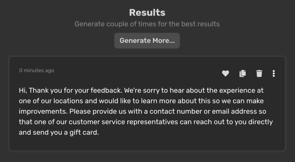 Applebees' review response from the generator