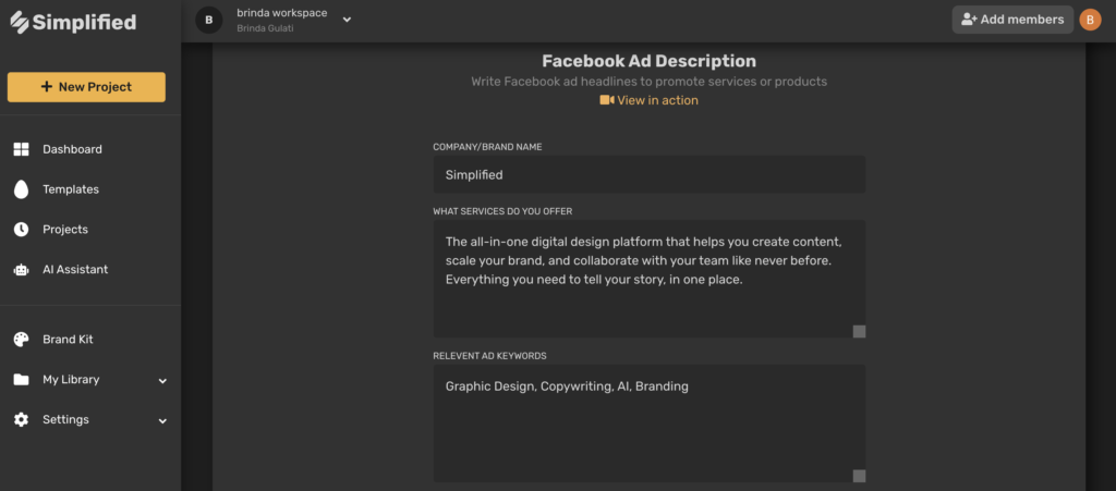 Copy AI Simplified Facebook ad description generator details required