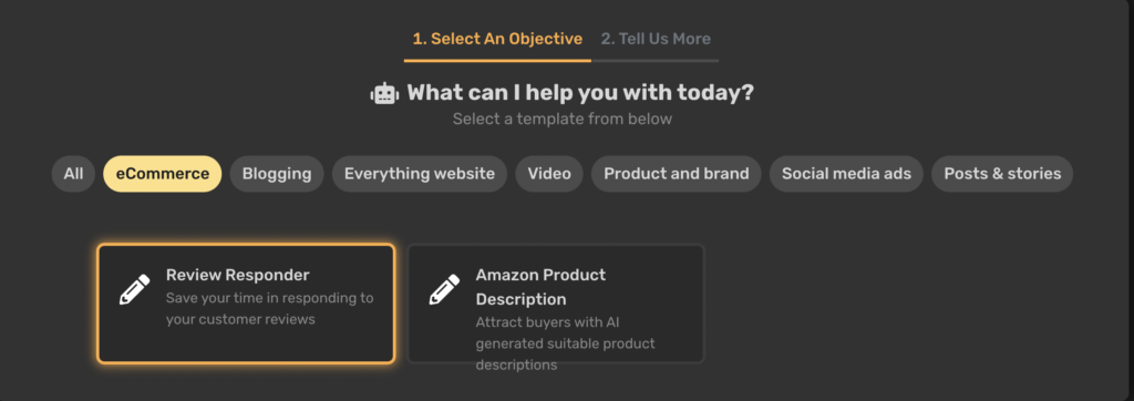 Simplified AI: Inital page - selecting an objective