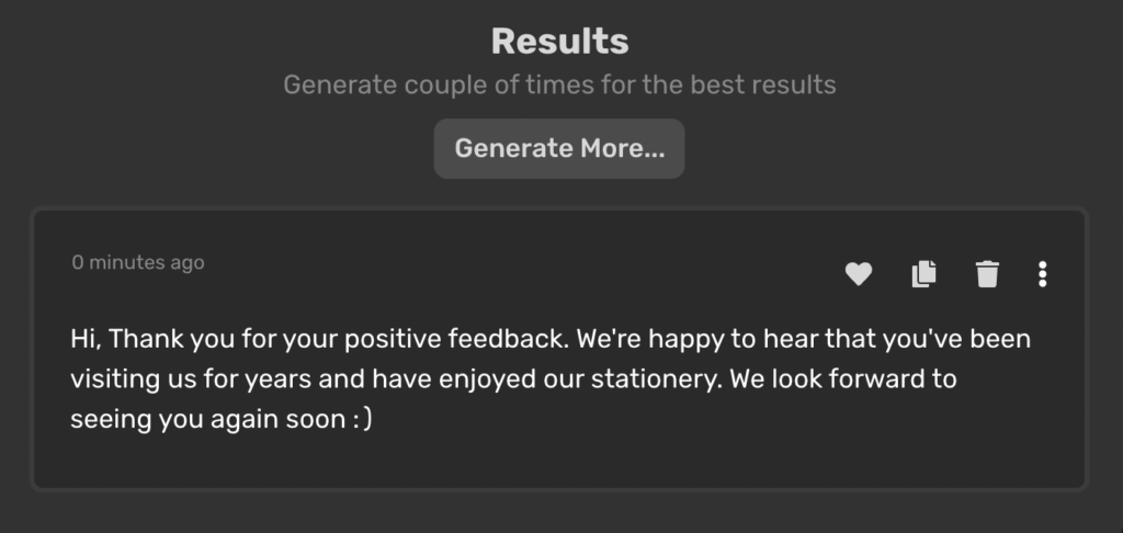 Simplified AI: Result of using the generate review option