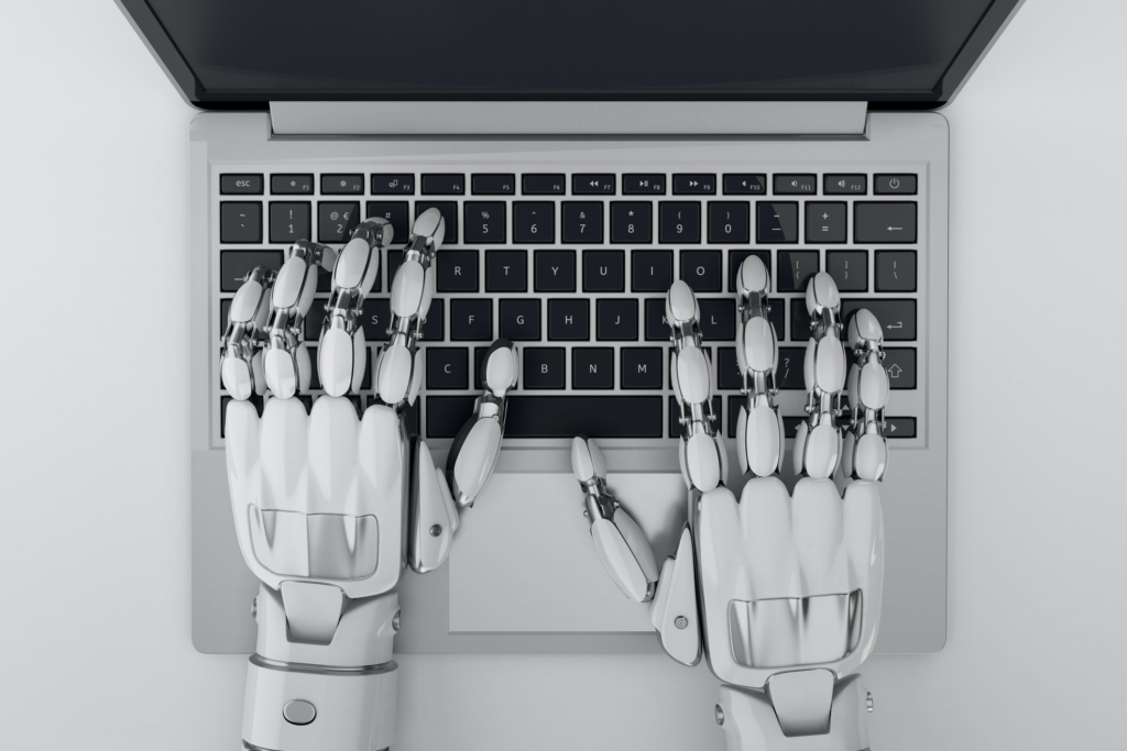 Copy AI robotic hands typing to showcase copywriting ai