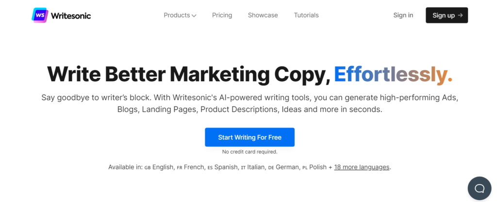 Writesonic copy ai tool landing page