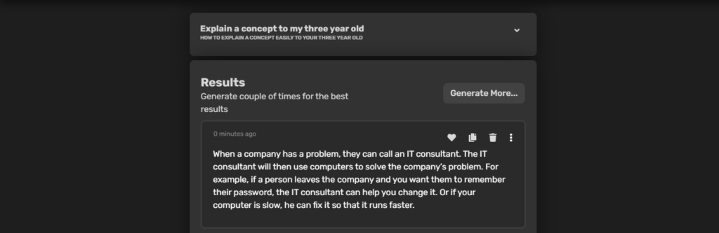 explain a concept-three year old Copy AI Sentence simplifier example it consultant
